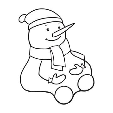 recommend clip art: Cute Snowman in a hat, scarf and mittens sits waiting for the New Year. New Year s card. Coloring for children. Vector clip art.