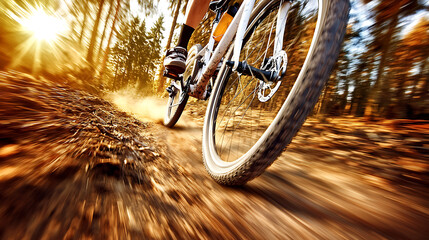 dynamic action shot of cyclist riding on forest trail, showcasing speed and movement through sunlit environment. scene captures thrill of outdoor biking