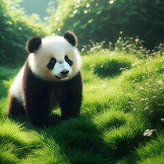 Fototapeta premium A black and white panda standing on a lush green grass field. Ai