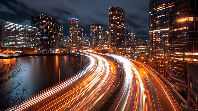 dynamic light trail photo of highway at night, showcasing vibrant city lights and modern skyscrapers reflecting on water. scene captures energy and movement of urban life