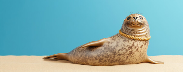 Naklejka premium Seal entangled in rope on sandy shore, symbolizing the impact of environmental pollution on marine life and ecosystems.