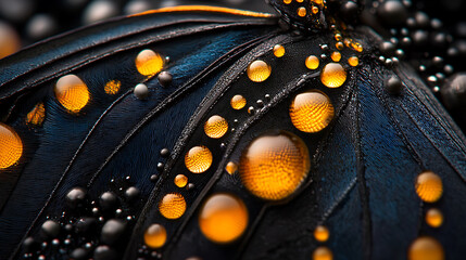 macro photo of butterfly wing showcasing intricate details and vibrant colors, with droplets of water enhancing its beauty and texture