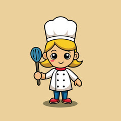 Cute Little Girl Chef Holding Spatula People Food Concept Isolated Cartoon Vector Icon Illustration