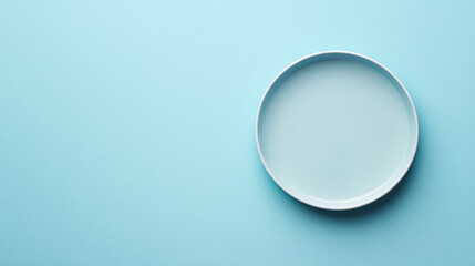 Simple empty plate on a light blue background indicating minimalism and cleanliness