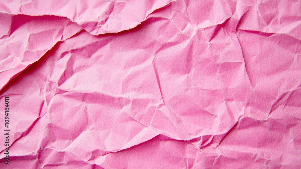 Poster a textured background of crumpled pink paper featuring intricate folds and soft shadows, ideal for a