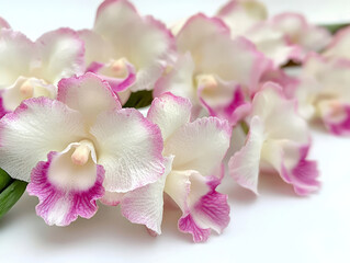 Obraz premium Lush white and pink orchid blooms create serene and elegant atmosphere, showcasing delicate petals and subtle shadows. Perfect for floral arrangements or decor