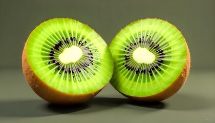 Two sliced kiwi fruits, showing the green flesh and black seeds