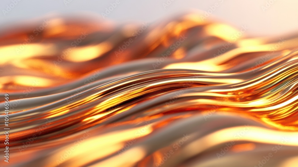 Poster abstract close-up of golden liquid metal waves, creating a smooth, flowing pattern with rich, reflec
