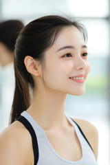Chinese fitness woman smiling in sportswear, female athlete workout