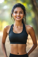 Fototapeta premium Indian fitness woman smile in sportswear, female athlete workout