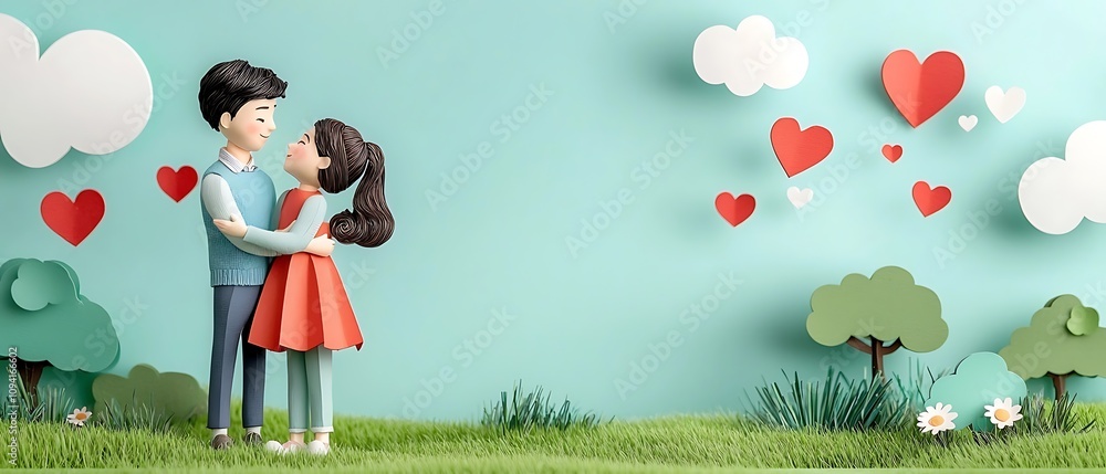 Poster of a loving couple embracing and expressing affection for each other in an idyllic outdoor meadow se