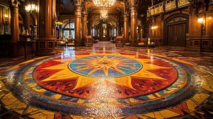 Obraz premium A grand interior featuring an ornate mosaic floor with a central star design.