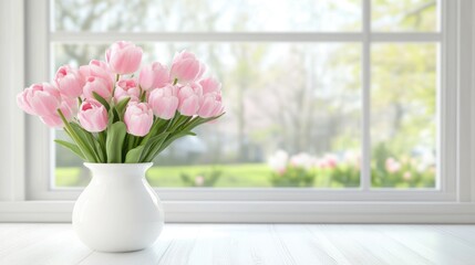 A bouquet of pink tulips sits gracefully in a white vase, illuminated by natural light streaming through a window