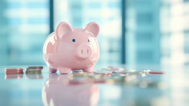 The pink piggy bank rests on a sleek desk, surrounded by shiny coins, representing the importance of saving money and financial security