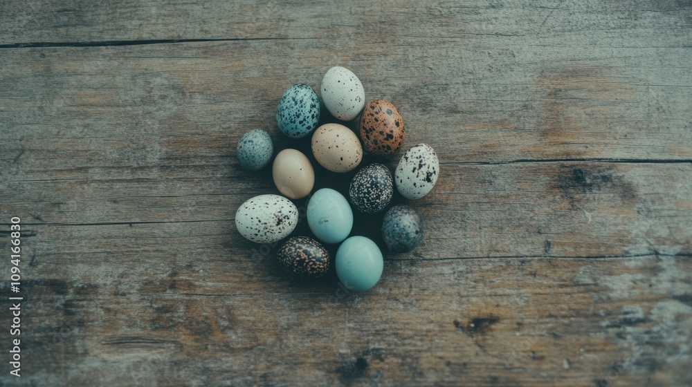 Poster quail eggs are carefully displayed on a rustic wooden table, highlighting their varied colors and in