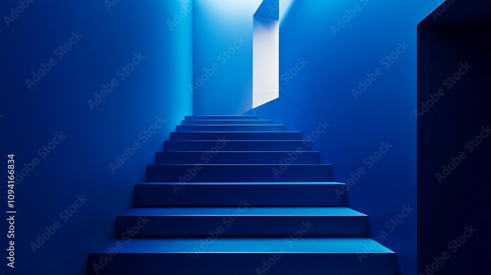 Poster staircase leading to a bright exit illuminated by blue light in a modern setting