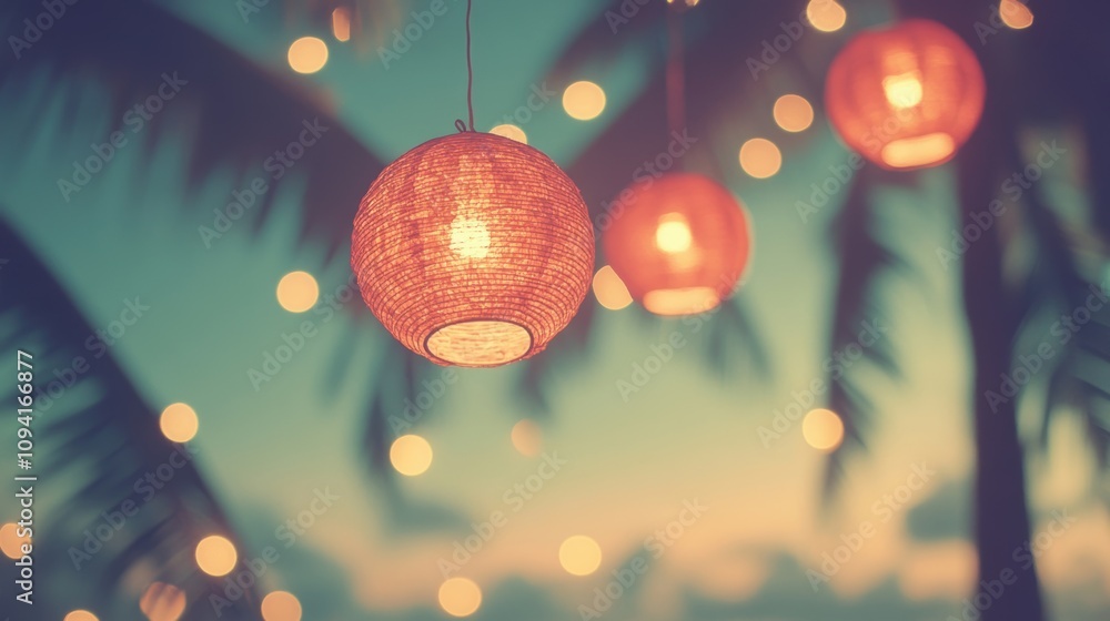 Poster bokeh lights and red lanterns enhance the tranquil atmosphere of a tropical dusk, with palm trees so