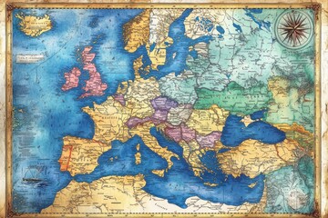 Naklejka premium Antique Map Illustrating European Countries and Territories