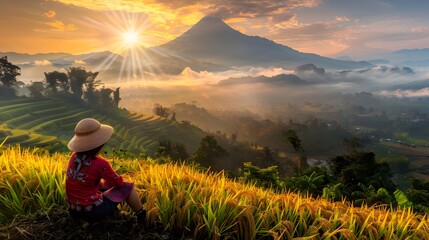 Fototapeta premium Woman admiring sunrise over rice terraces and volcano.
