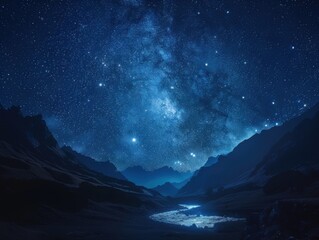 Stunning night sky filled with countless stars and a brilliant Milky Way, arching over a remote mountain valley with a shimmering river reflecting the celestial beauty, evoking a sense of wonder and t