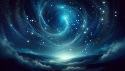 Breathtaking cosmic scene showcasing swirling galaxies, twinkling stars, and ethereal light patterns above a distant horizon, creating a captivating sense of wonder and the vastness of the universe.
