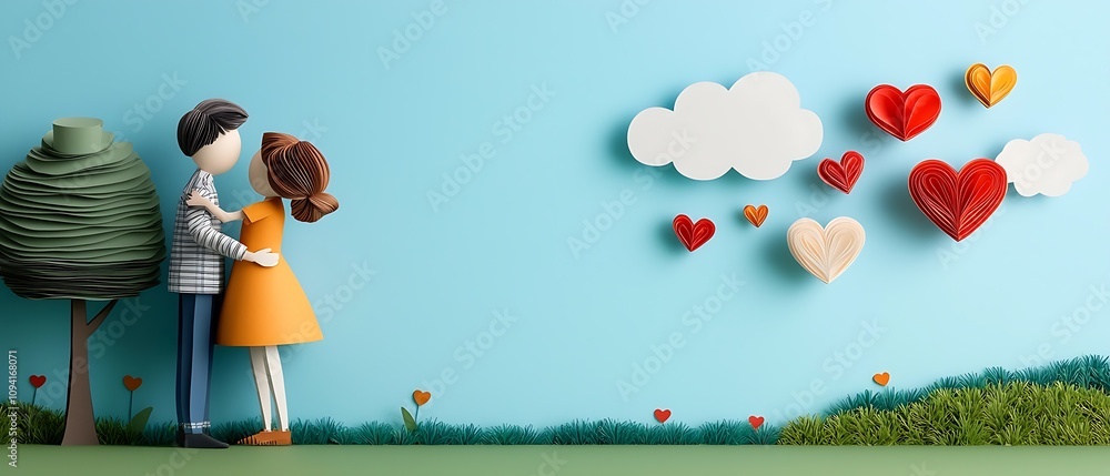 Poster loving couple embracing tenderly in an idyllic meadow setting surrounded by floating hearts clouds a