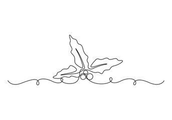 Holly berry leaves decoration. Continuous single line drawing. Vector illustration