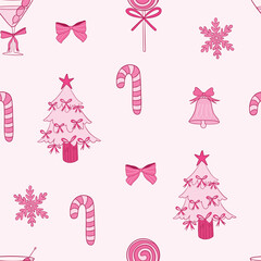 Festive Pink Christmas Pattern With Candy Canes and Trees