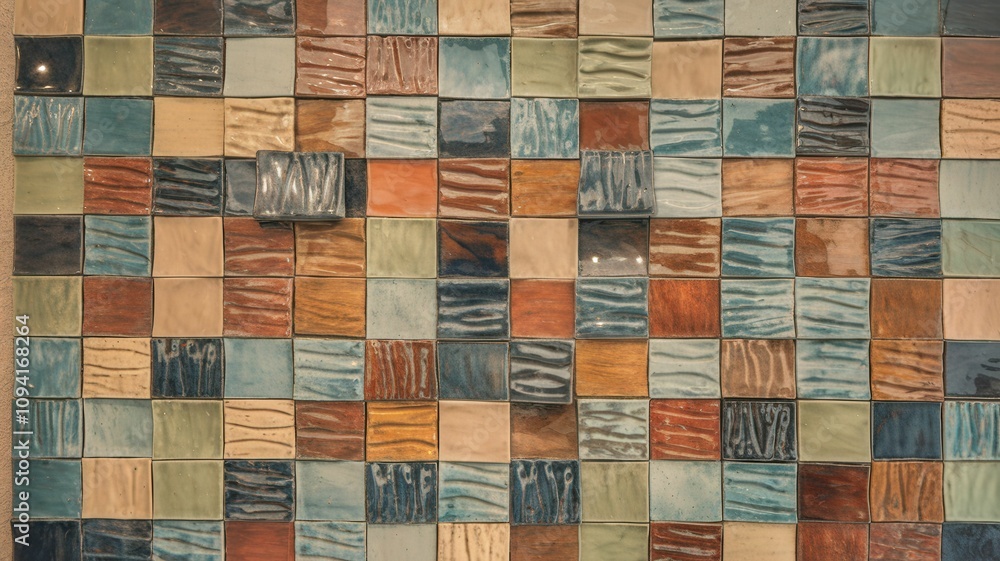 Poster A colorful mosaic wall featuring textured tiles in various shades, creating a visually appealing and dynamic pattern.