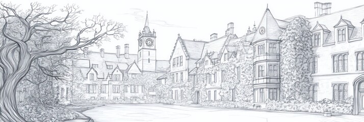 A detailed pencil sketch of a historic building with ivy and a clock tower.