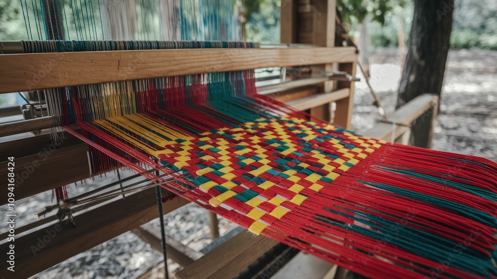 Poster a colorful weaving project in progress on a wooden loom, showcasing intricate patterns and vibrant t