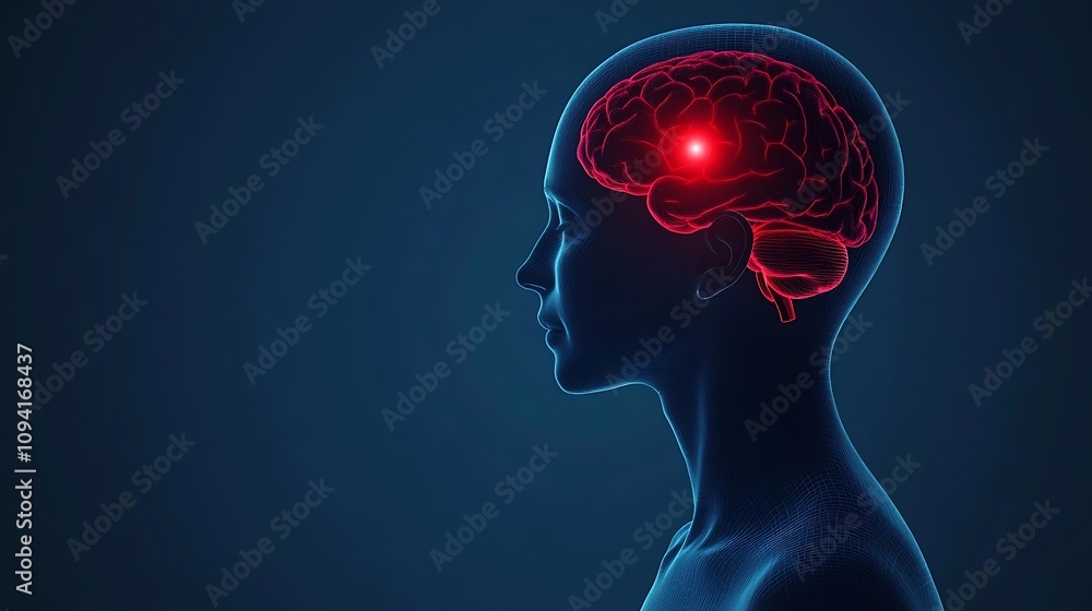 Poster digital 3d of a glowing red human brain with neural connections against a dark blue background symbo