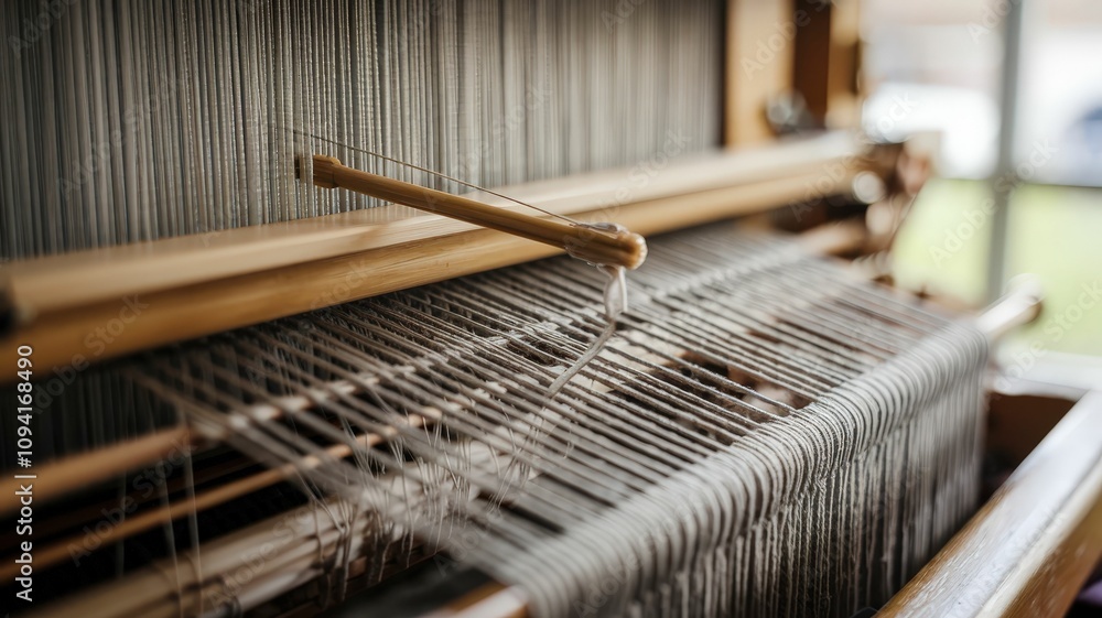 Poster a close-up view of a weaving loom with threads ready for textile creation, showcasing intricate craf