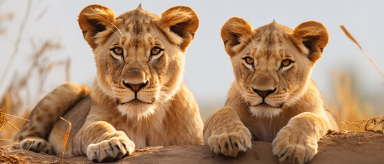 It's a front shot of two lions, lying on the grass, relaxed, showcasing their majestic presence.