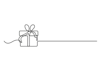 Christmas gift box continuous line drawing. Single line present with ribbon bow vector illustration