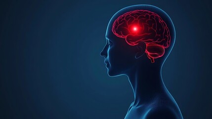 Digital 3D of a glowing red human brain with neural connections against a dark blue background symbolizing the complexity and power of the human mind and cognitive functions