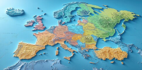 Detailed Topographical Map of European Countries and Terrain
