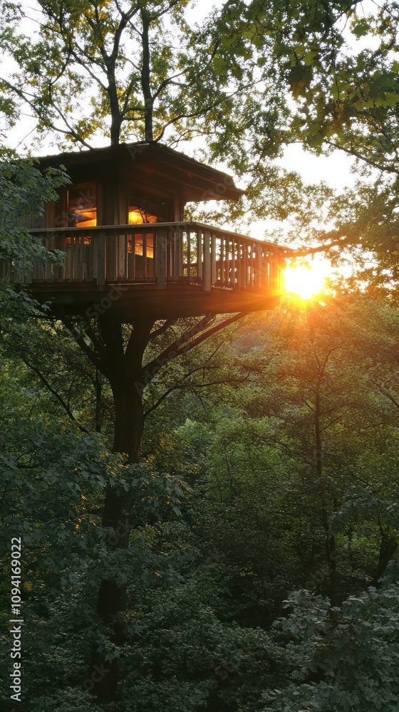 Poster a treehouse nestled in a forest, illuminated by the warm glow of the setting sun.