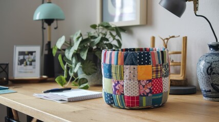 A colorful patchwork basket sits on a wooden desk, surrounded by plants and decor, creating a cozy and inviting workspace.