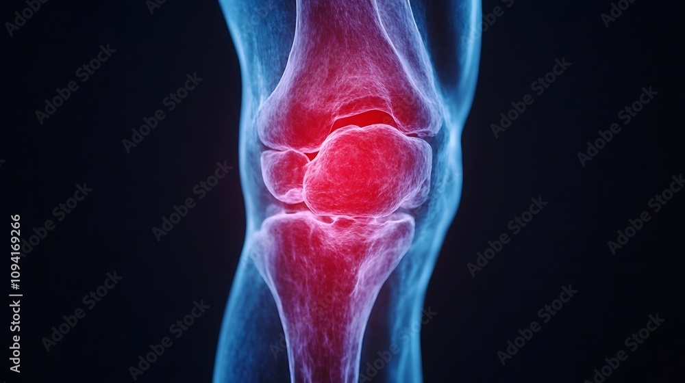 Aufkleber red inflamed knee joint highlighted in x ray scan image showing orthopedic medical condition or inju