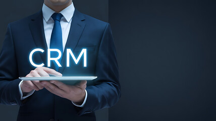 CRM customer relationship management. businessman holding a tablet with a virtual interface of CRM, CRM software, sales automation, CRM tools, customer service, sales management	