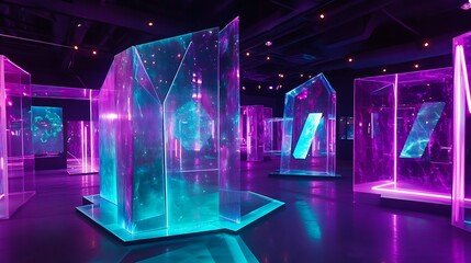 Neon purple and teal lighting creating a cosmic effect, ultra-modern decor with transparent furniture, guests wearing LED-enhanced outfits, interactive holograms forming a centerpiece, vibrant and