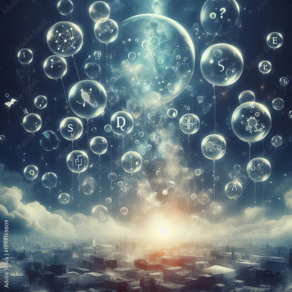 Poster bubbles with rhyming words inside floating upwards ephemeral and