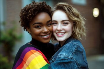 Heartwarming Portrait of Lesbian LGBTQ+ Couple Embracing with Smiles, Celebrating Love, Pride, and Diversity with Rainbow and Casual Denim Style