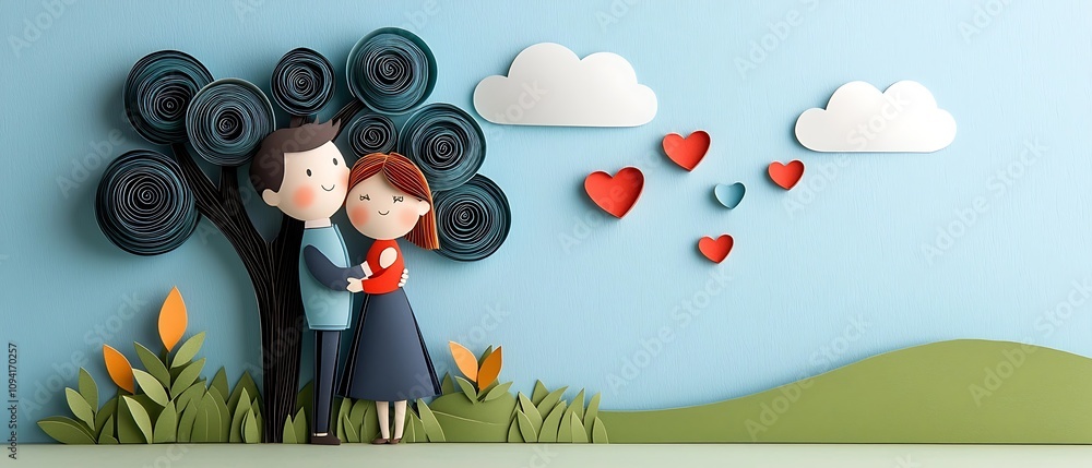 Poster papercraft of a loving couple embracing under a tree with heart shapes floating around in an idyllic