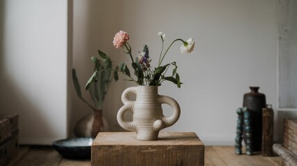 A stylish ceramic vase holds colorful flowers, placed on a wooden table in a minimalist interior setting with natural light.