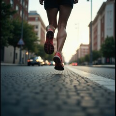 Fototapeta premium Athletic Young Woman Running on Urban Street at Dusk