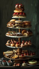 Naklejka premium Elegant Dessert Tower Display with Assorted Pastries
