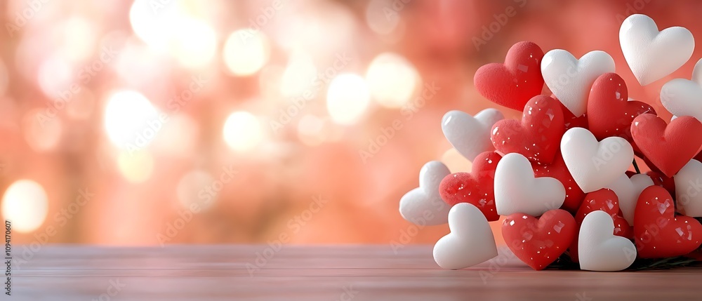 Poster closeup of red and white heart shaped on a blurred pink and orange background with a bokeh effect re