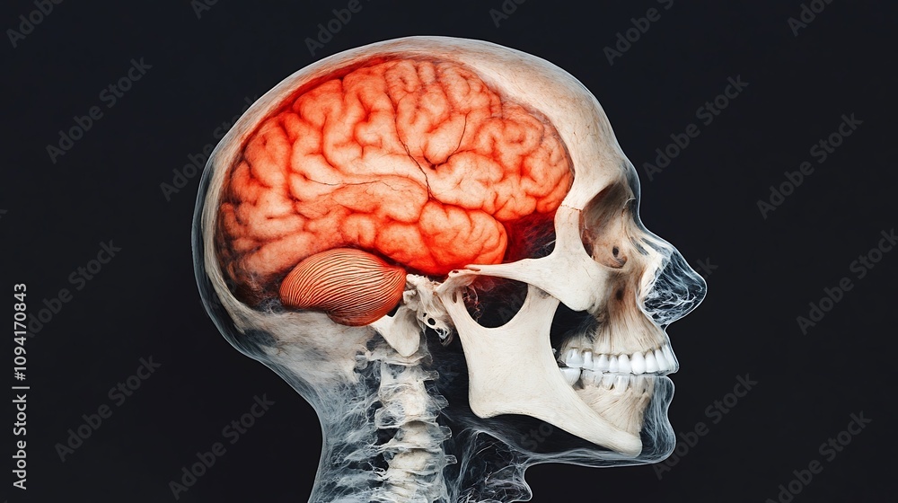 Poster detailed cross section view of the human brain encased within the structure of the skull showcasing 